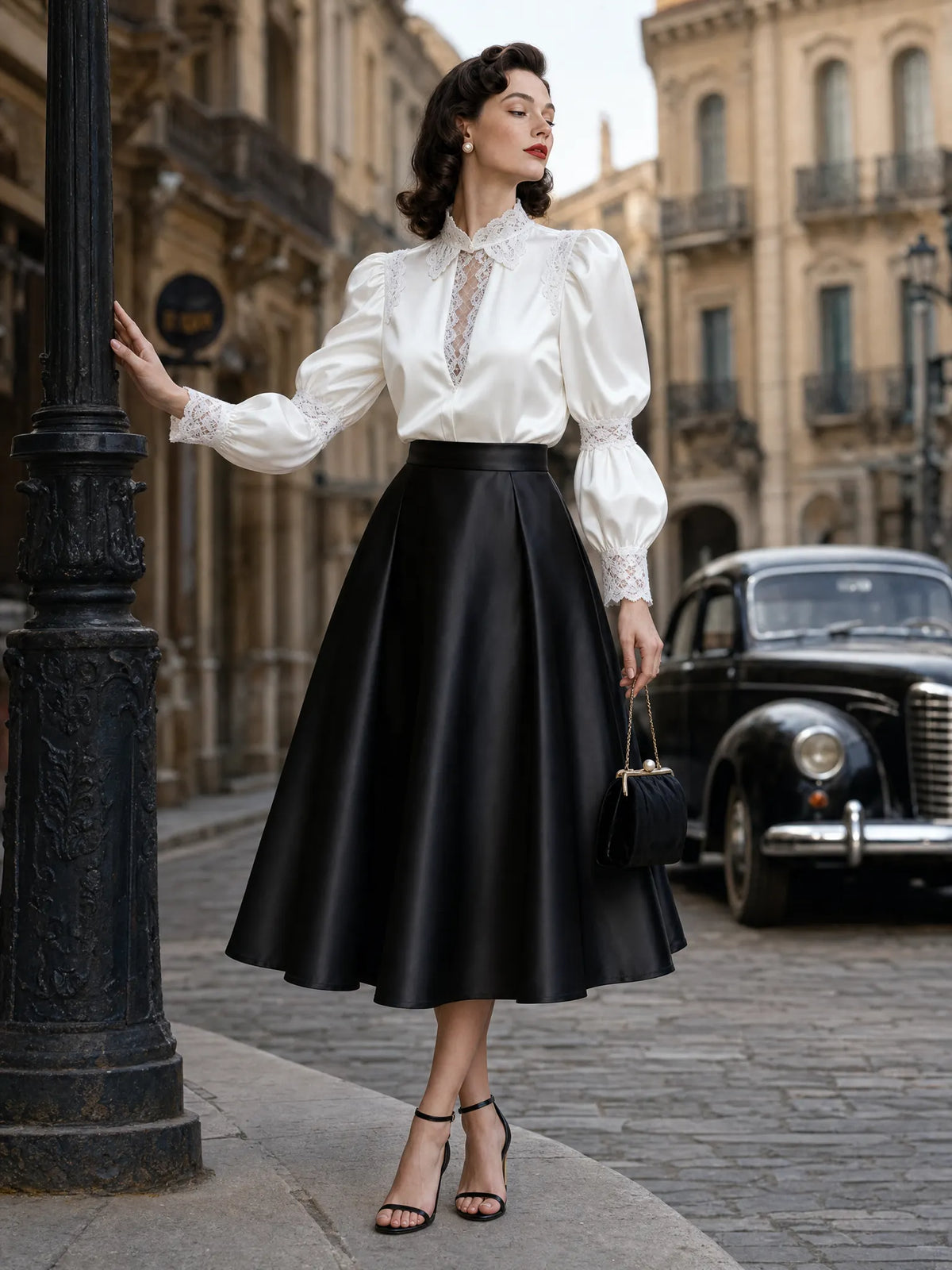 Vintage High-waisted Satin Midi Skirt