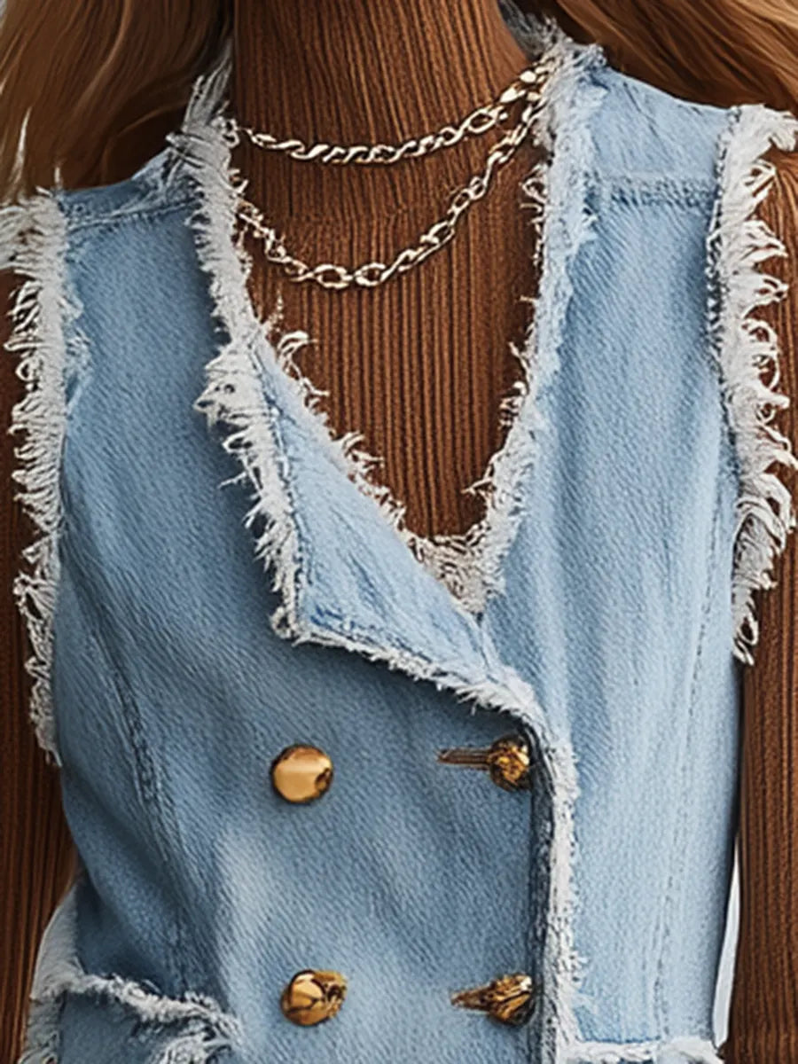 Light Blue Frayed Gold Button Front Denim Vest