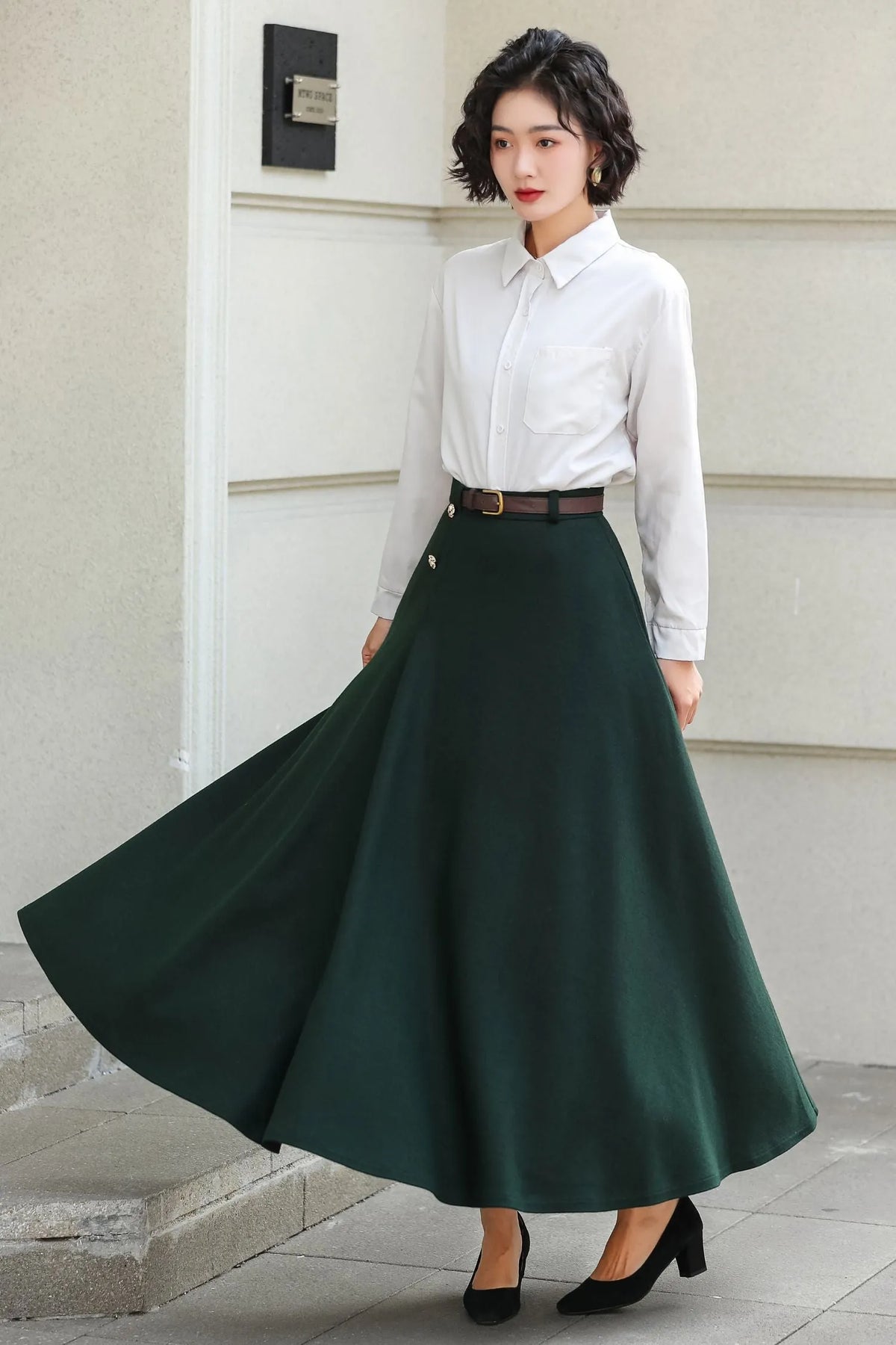 Dark Green Wool A-Line Ankle-Length Skirt - Flowy Elegant Winter Style 6976