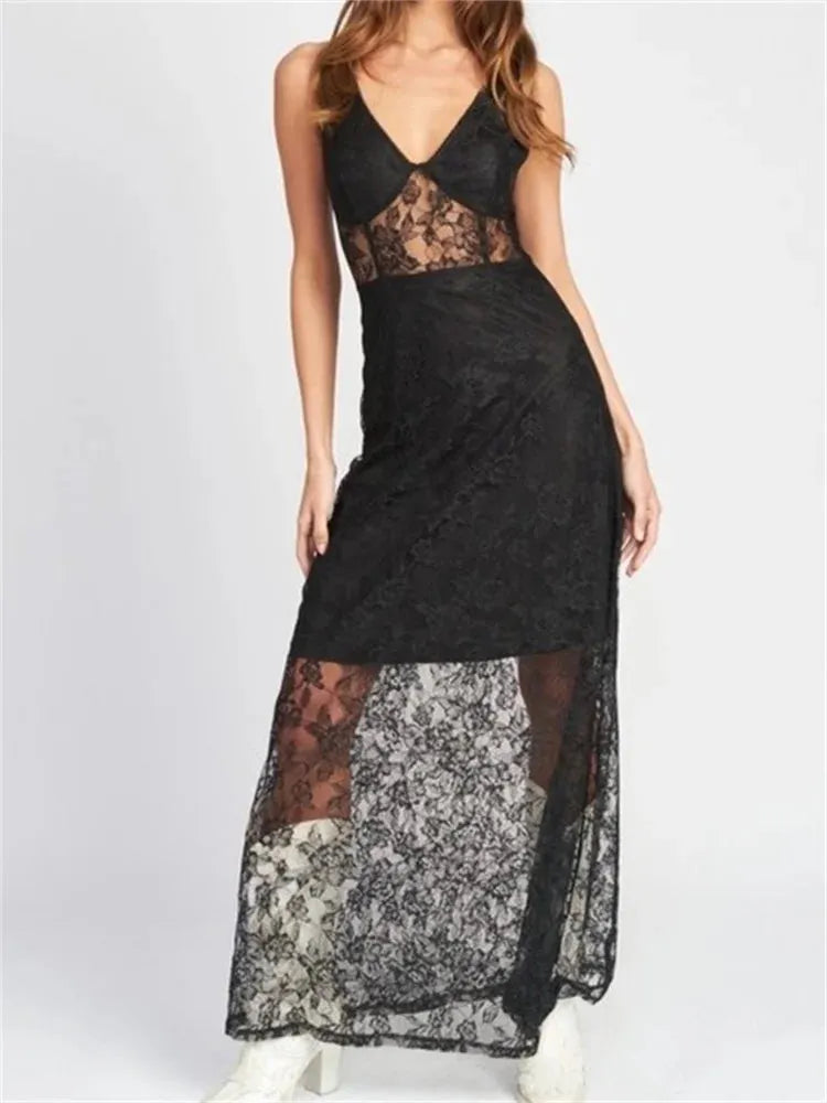 Sexy Women V Neck Sleeveless Lace Patchwork Flower Embroidery Slim Tank Summer Party Vestidos