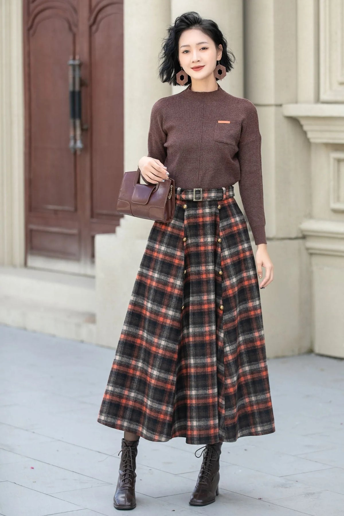 Plaid Wool Midi Skirt - A-Line Silhouette with Belt Waist 5355