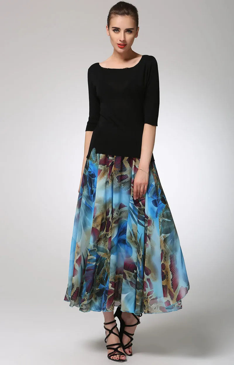 Abstract Print Chiffon Maxi Skirt for Women with Elastic Waist 