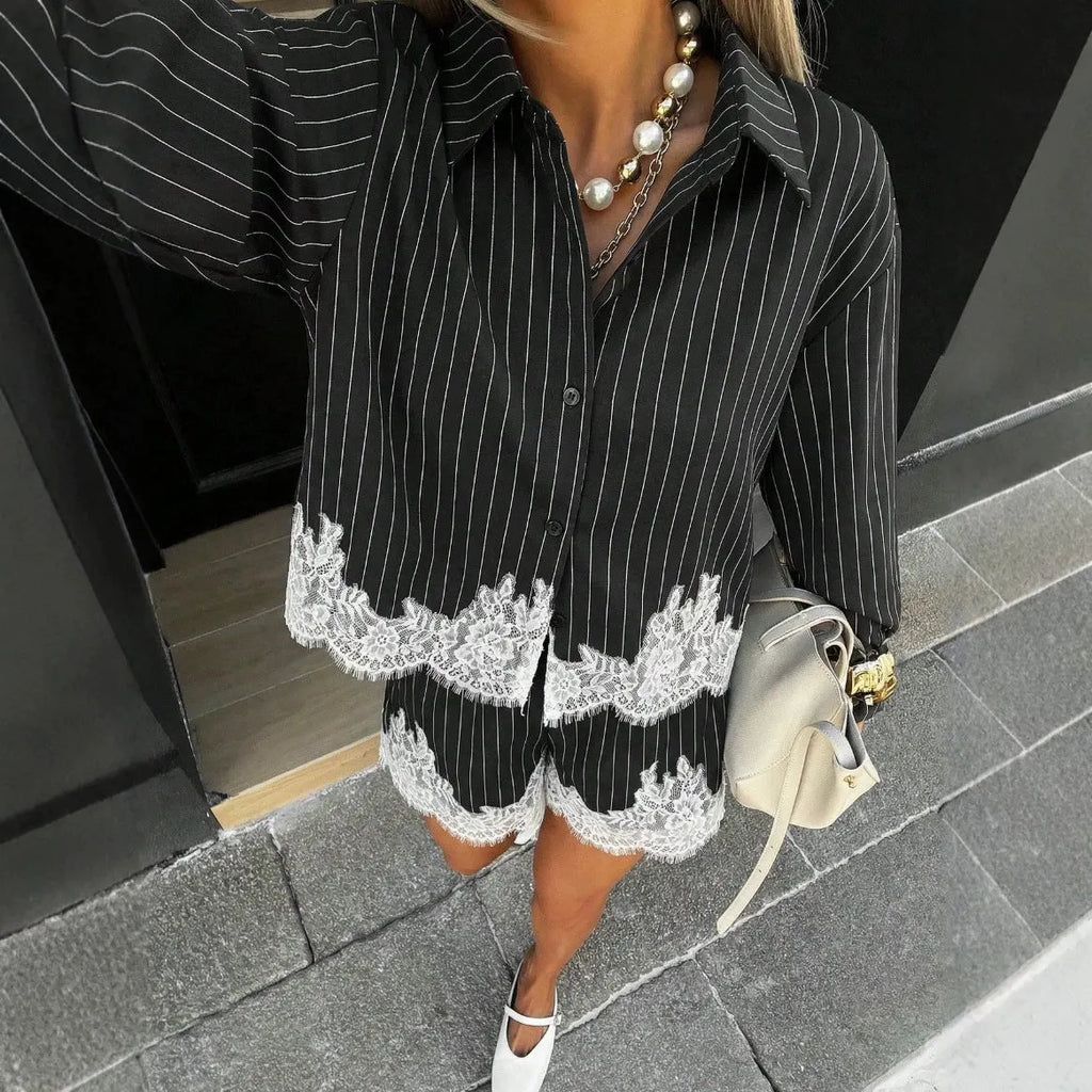 Lace Patchwork Stripes Shirt and Shorts Two-Piece Set