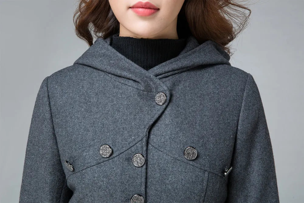 Dark Gray Wool Coat – Handmade Hooded A-line Winter Coat with Plaid Trim 