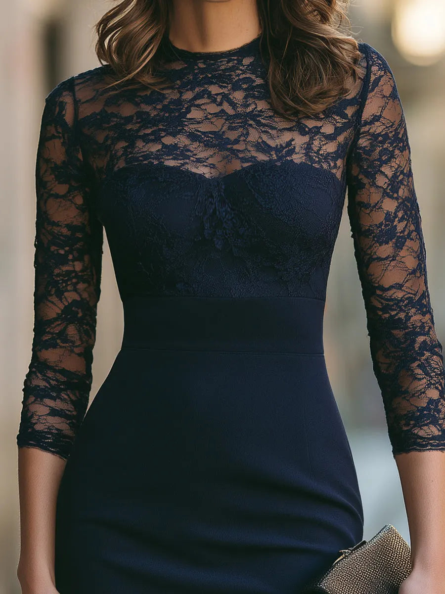 Navy Lace Sleeve Sheer Yoke Pencil Midi Dress