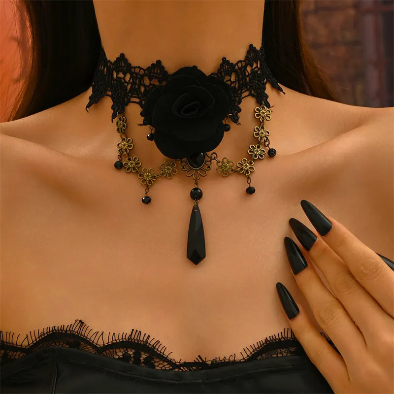 Vintage Gothic Black Rose Floral Lace Choker