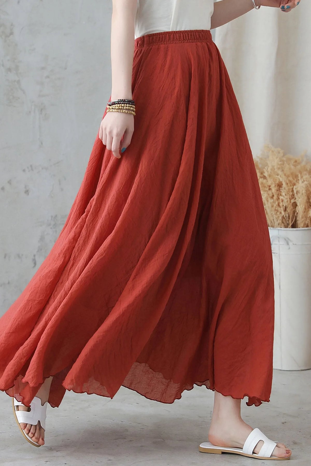 Boho Linen Maxi Skirt, Pleated Elastic Waist 