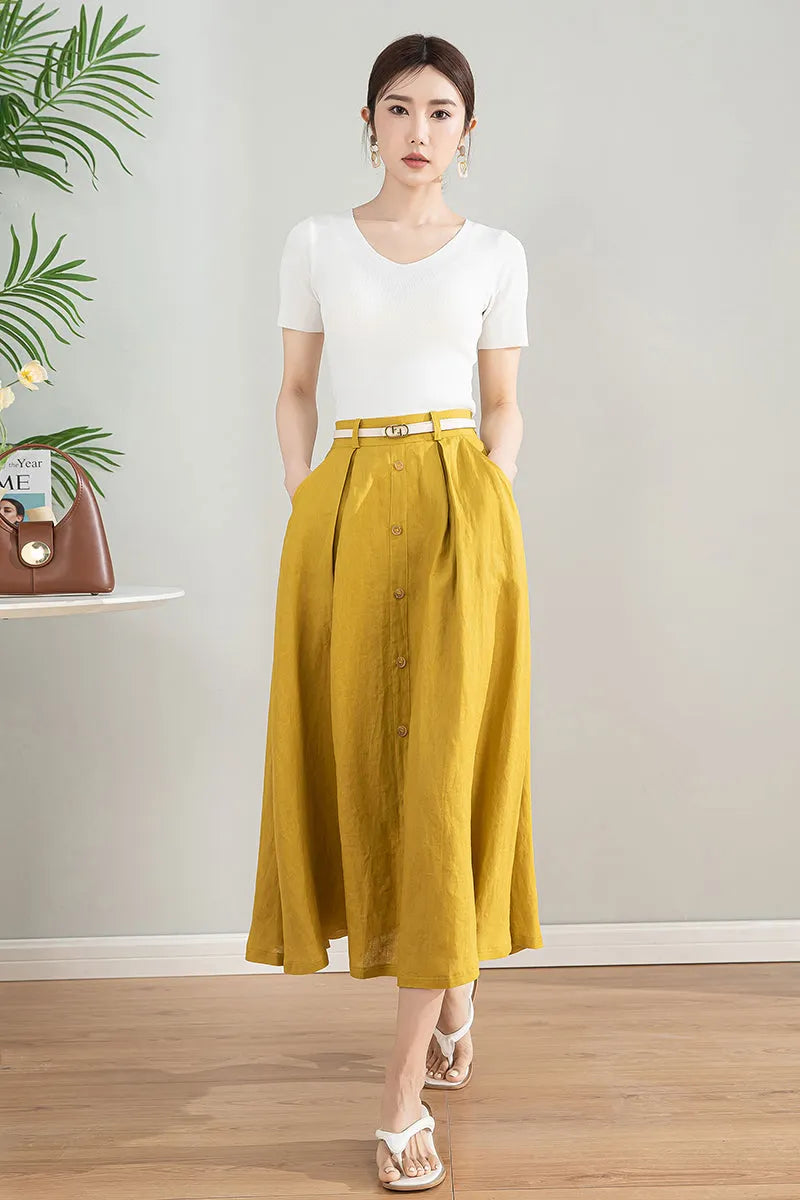 Handmade Linen Cotton Midi Skirt with Pockets 