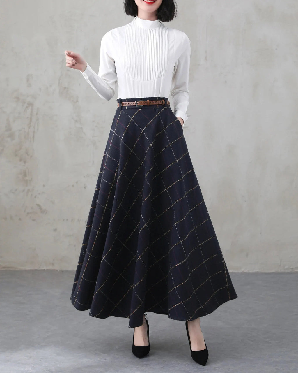 Blue Plaid Wool Blend A-Line Maxi Skirt - Vintage with Pockets 4001