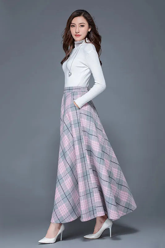 Plaid Wool Blend Maxi Skirt - A-Line Ankle Length with Pockets 3935