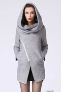Women’s Gray Wool Blend Coat – Modern Asymmetrical Zip Hoodie Jacket 1060
