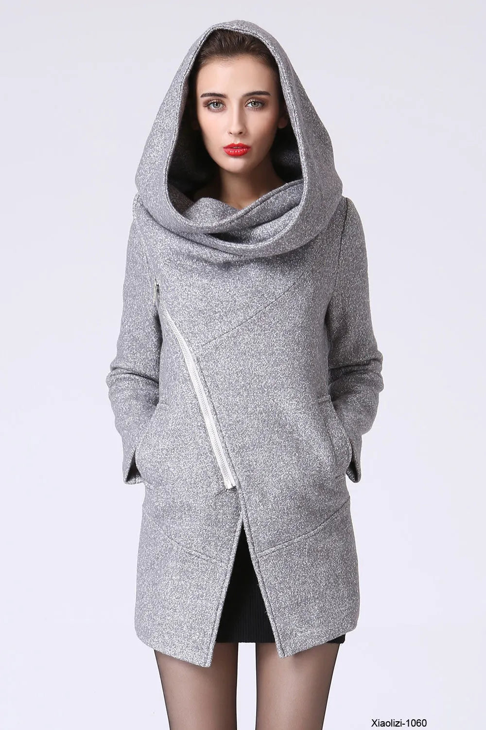 Women’s Gray Wool Blend Coat – Modern Asymmetrical Zip Hoodie Jacket 1060