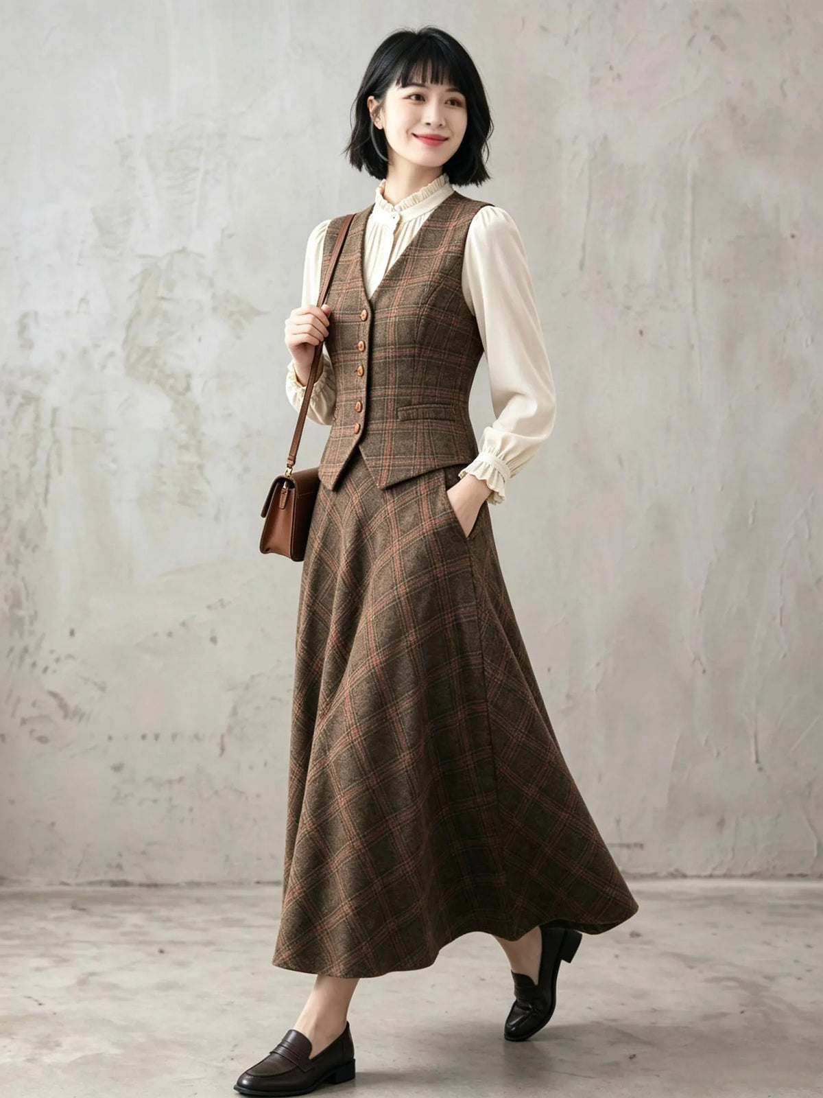Brown Plaid Wool Blend A-Line Skirt - Vintage Ankle Length 6924