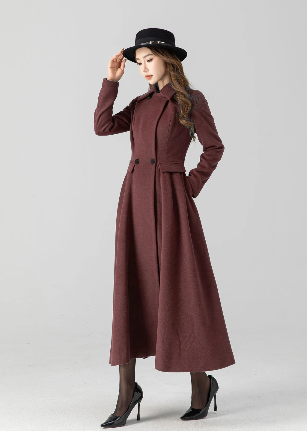 Burgundy Wool Long Coat - Vintage Inspired A-Line Swing 5506