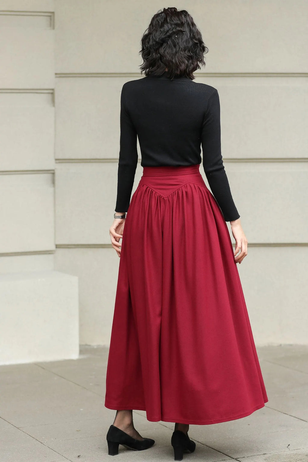 Burgundy Wool Maxi Skirt - Handmade High-Waisted Pleated 6420