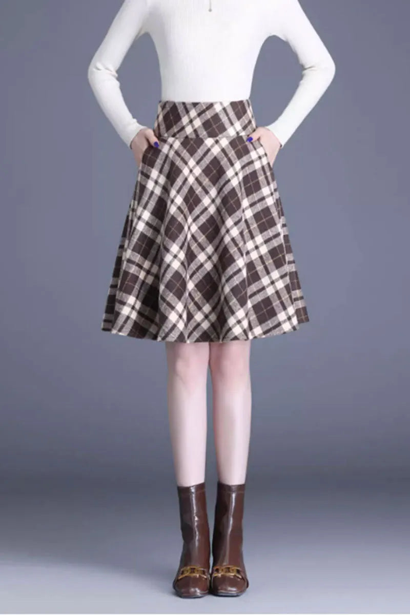 Brown Wool A-Line Skirt with Wide Waistband - Flattering Silhouette 4653