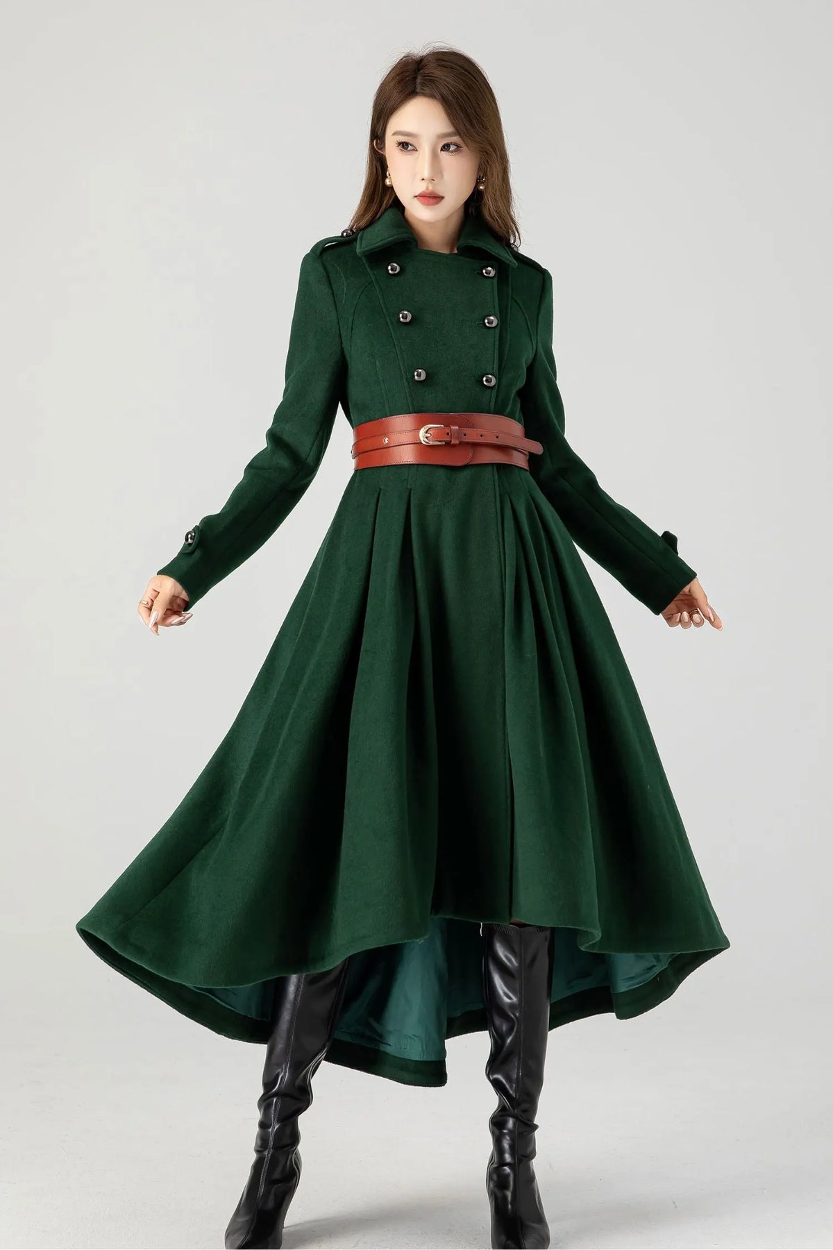 Green Wool Long Coat - Vintage Inspired A-Line Swing 4604