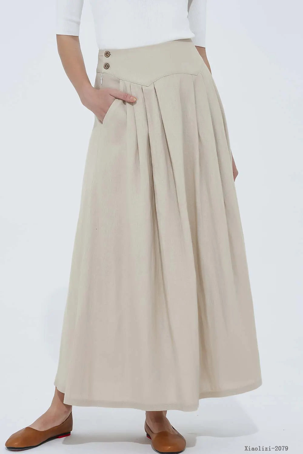 Beige Linen Blend A-Line Ankle Skirt - Pockets Fitted Waist 