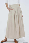 Beige Linen Blend A-Line Ankle Skirt - Pockets Fitted Waist 