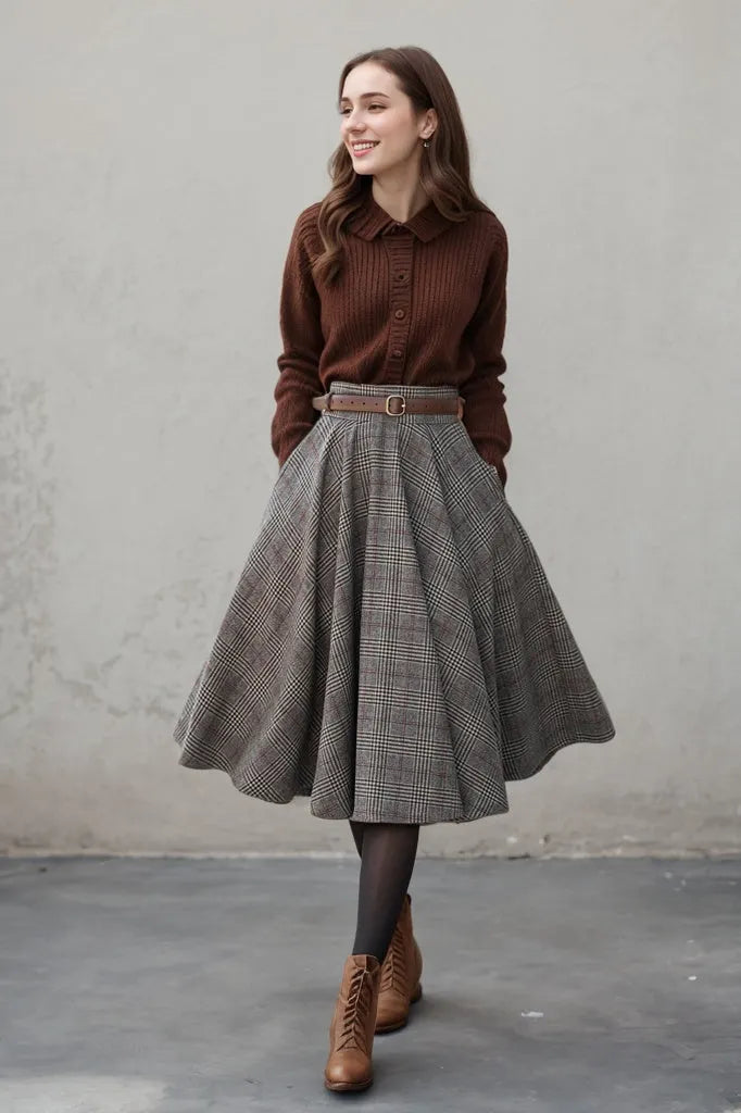 Plaid Wool Midi Skirt – Vintage High Waist Pleated Circle Skirt 5306