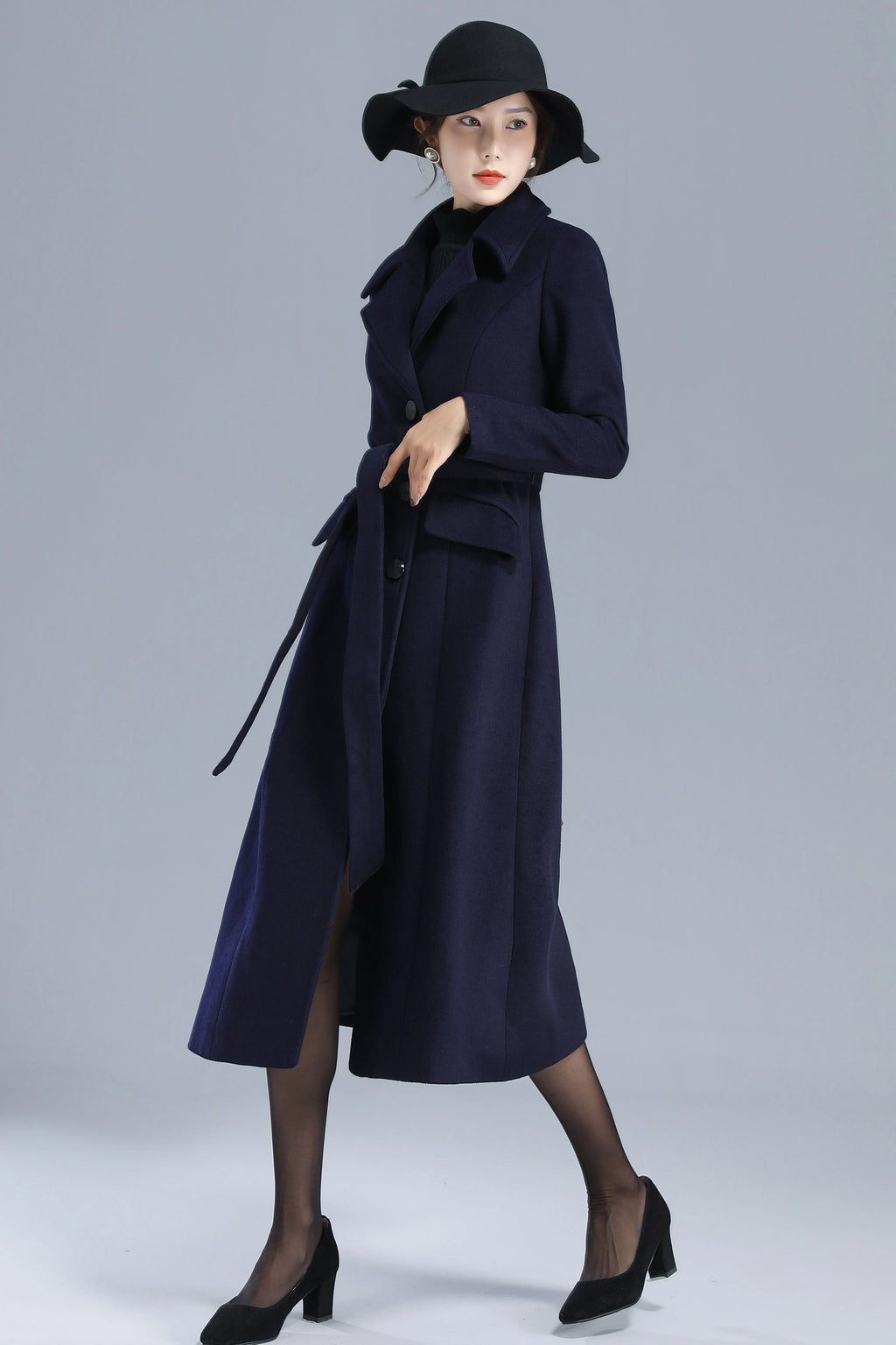 Navy Wool Coat - Single Breasted with Belted Waist 3205