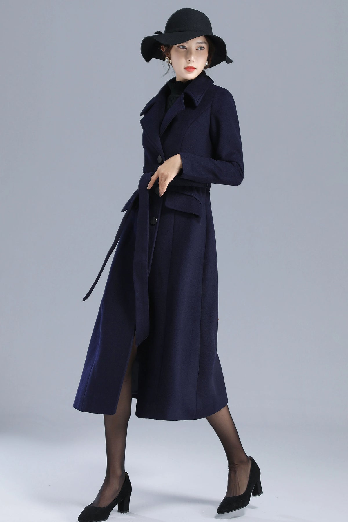 Navy Wool Coat - Single Breasted with Belted Waist 3205