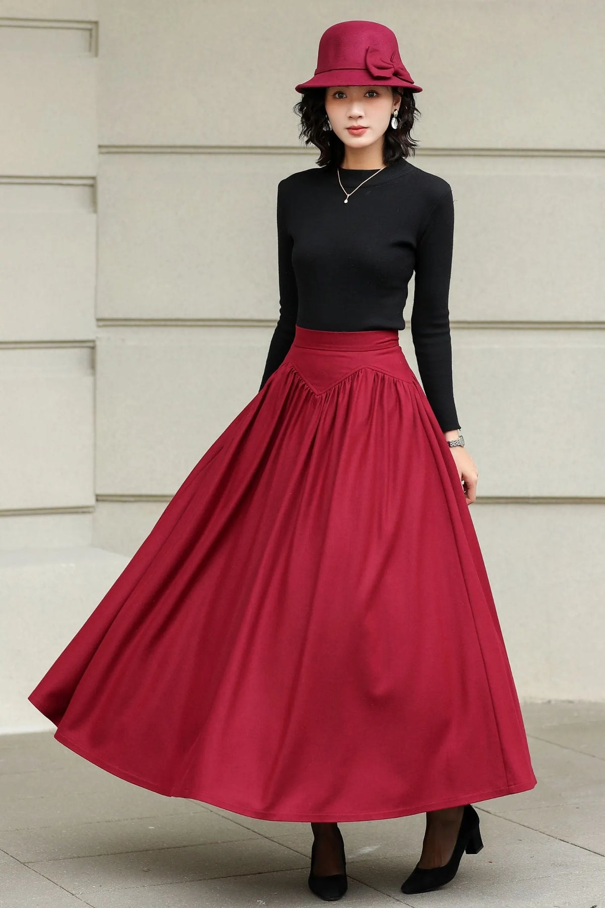 Burgundy Wool Maxi Skirt - Handmade High-Waisted Pleated 6420
