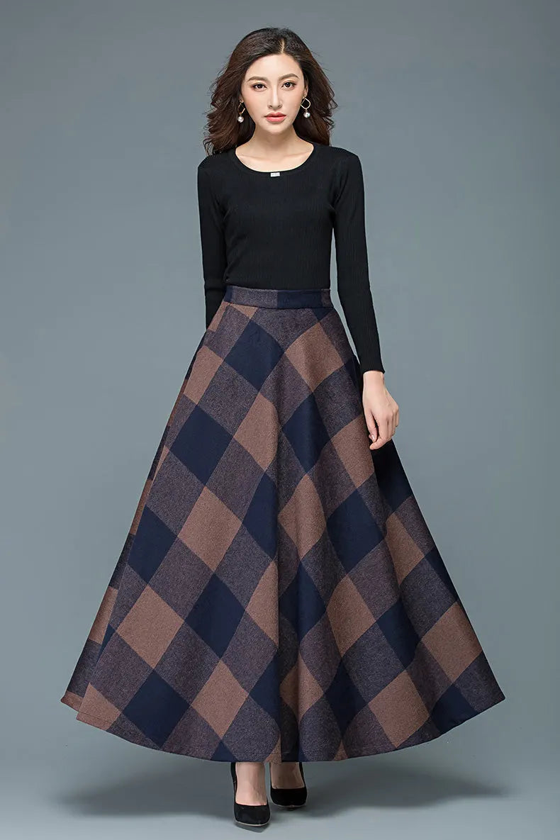 Plaid Wool Long Skirt - Full Flowy A-Line Silhouette 3947
