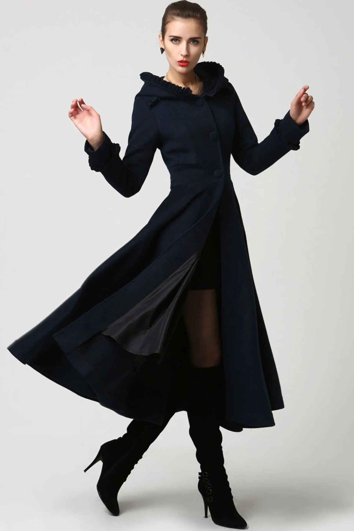 Navy Hooded Wool Maxi Coat – Ruffle Trim Fit & Flare Winter Coat 