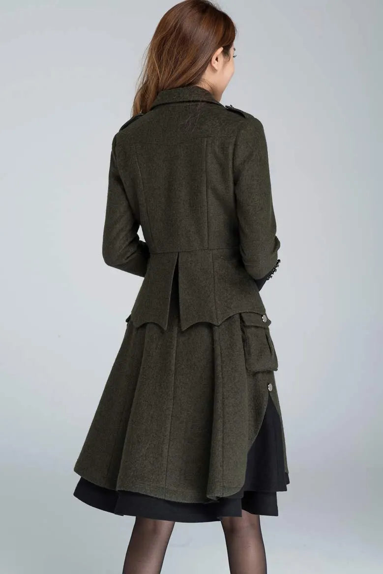 Army Green Wool Winter Coat - Relaxed Fit Button-Down Jacket 1628