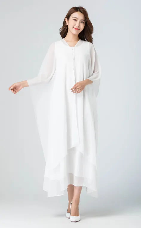 White Chiffon Maxi Dress – Handmade Flowy Cape Sleeve Vintage Elegance 1917