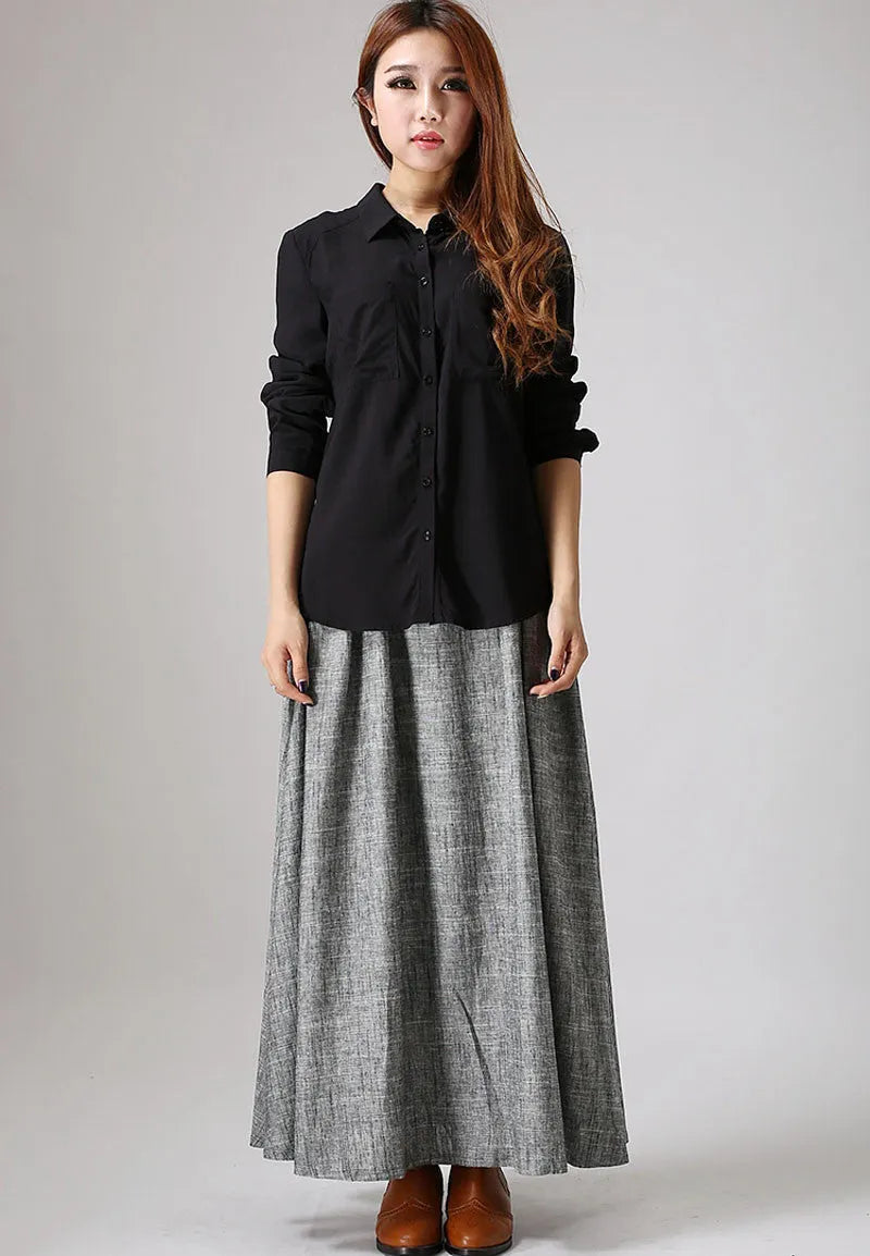 Grey Linen Cotton Maxi Skirt - Pleated A-Line Silhouette 886