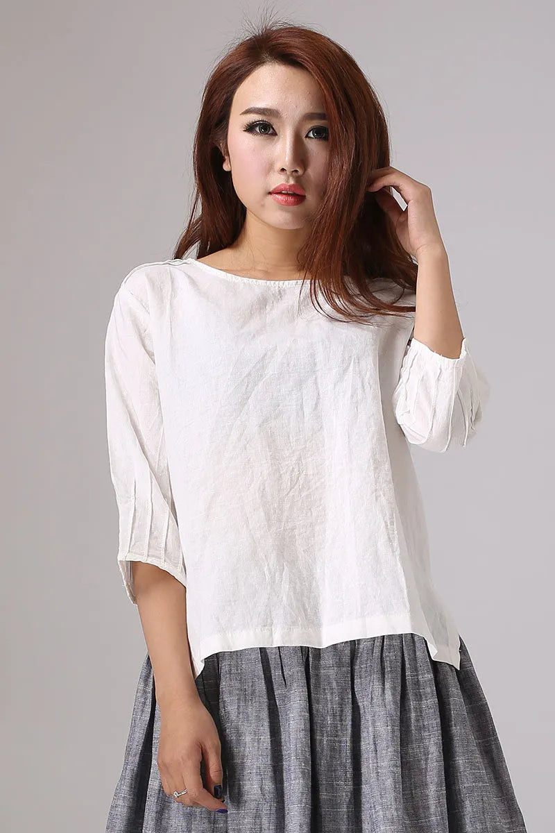 White Linen Cotton Blouse – Handmade Oversized 3/4 Sleeve Top 77711