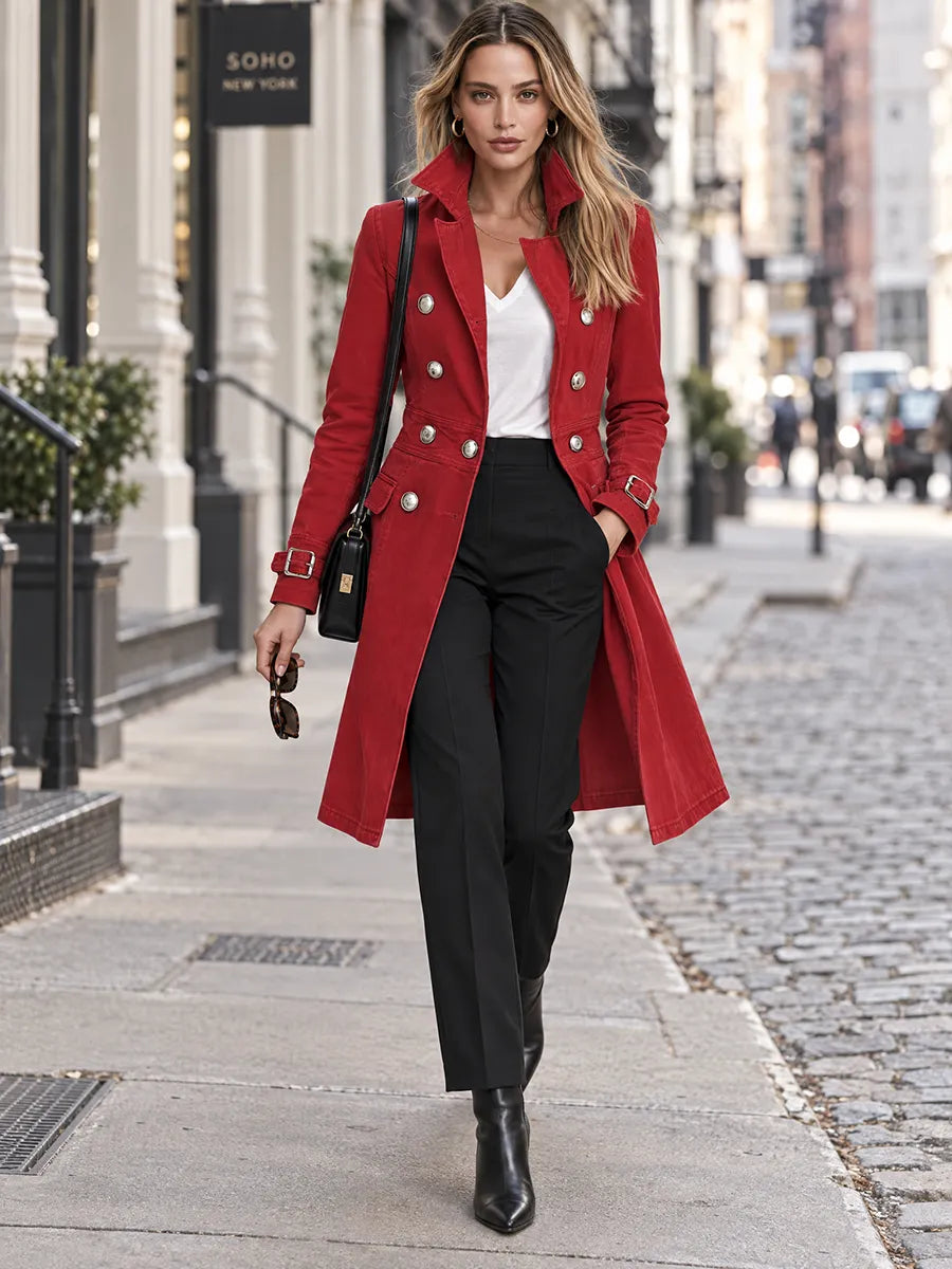 Women's Red Double-Breasted Denim Trench Coat