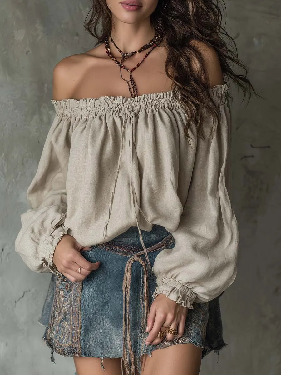 Natural Texture Off-Shoulder Drawstring Blouse