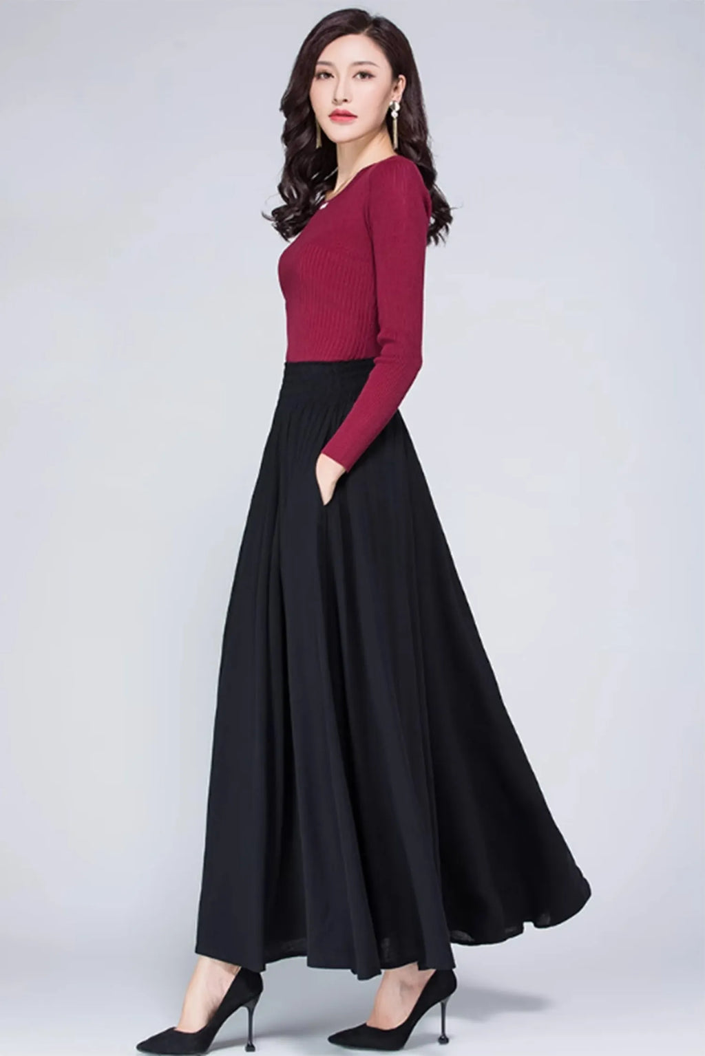 Red Linen Blend Maxi Skirt - Elastic Waist with Pockets 4871