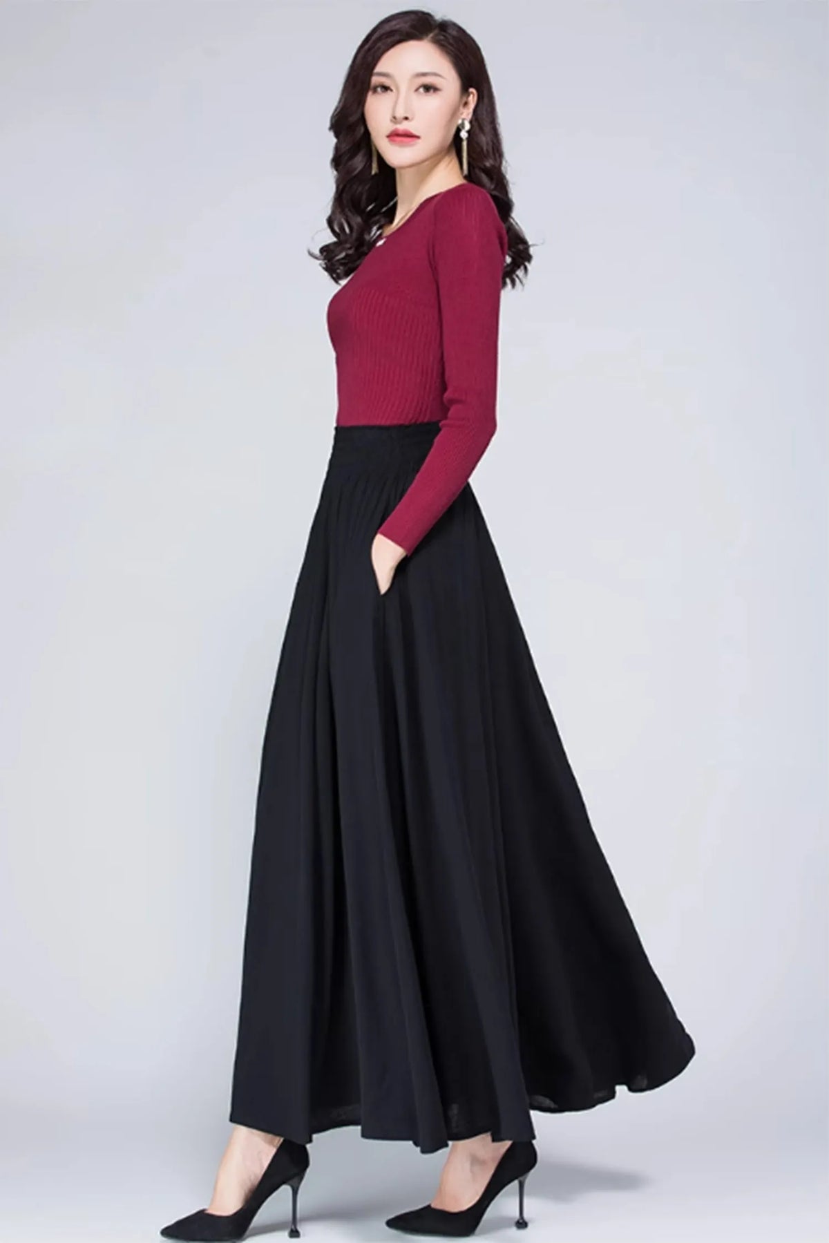 Red Linen Blend Maxi Skirt - Elastic Waist with Pockets 4871