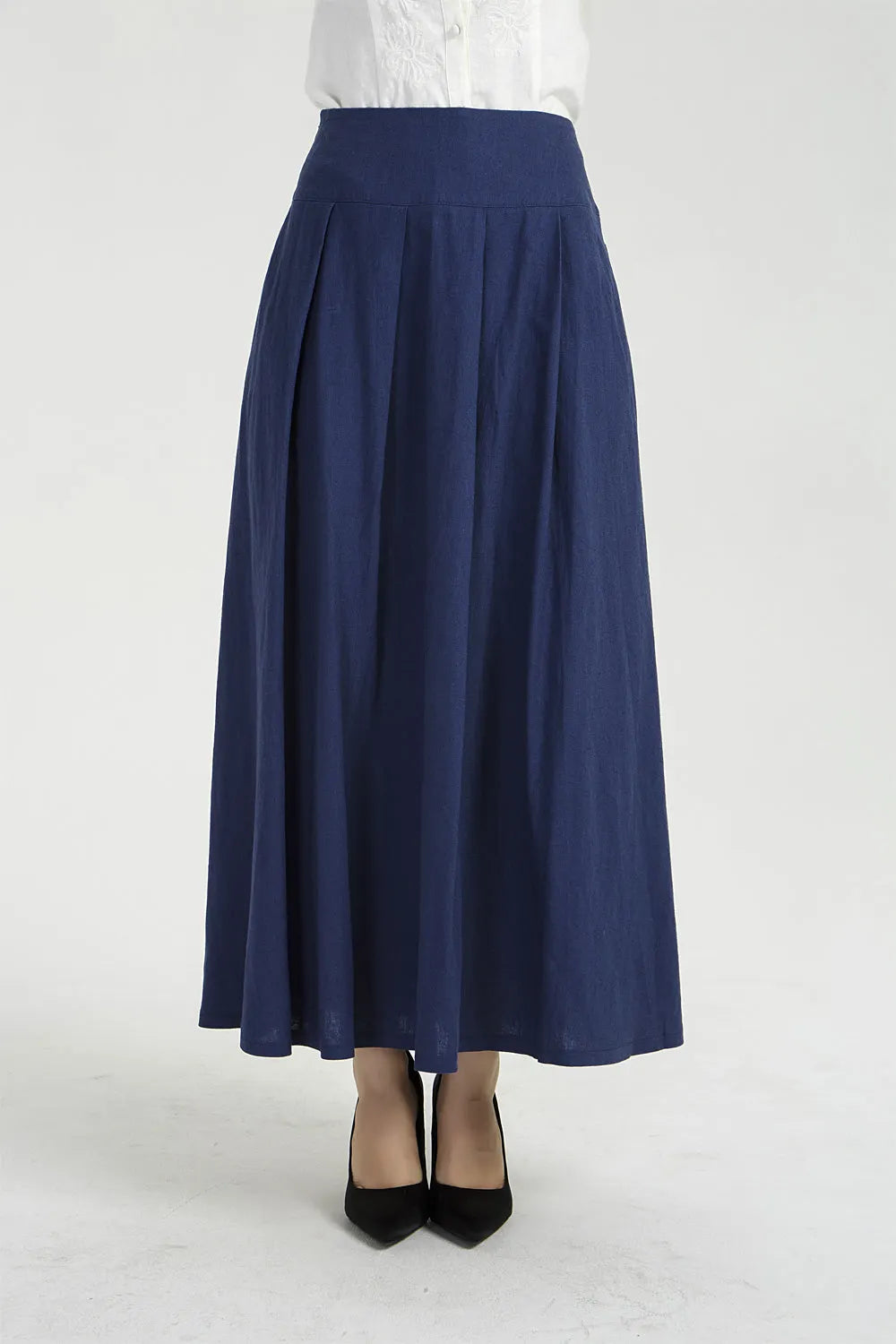 Blue Linen Maxi Skirt – Women’s High Waist Pleated Skirt with Pockets  2040