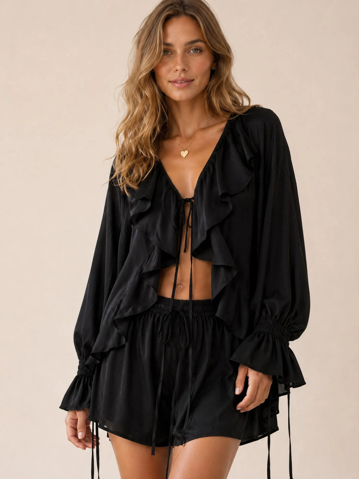 Great for a Chic Weekend Brunch — 2026 Spring Summer Women's Lingerie-Inspired Silk-Like Flowy Shorts Set