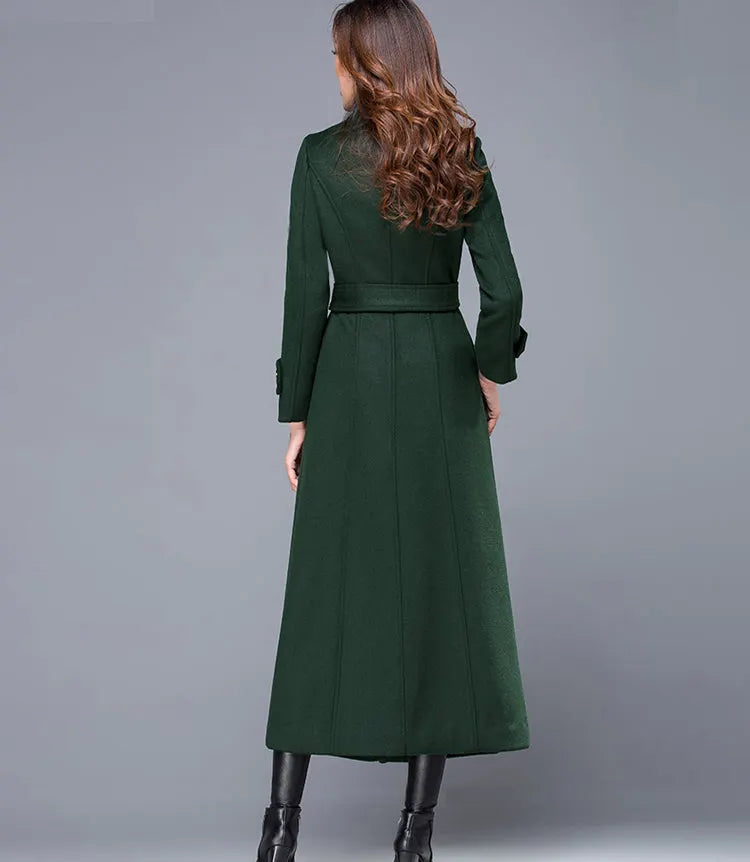 Handmade Dark Green Wool Coat – Double Breasted Military Long Overcoat 