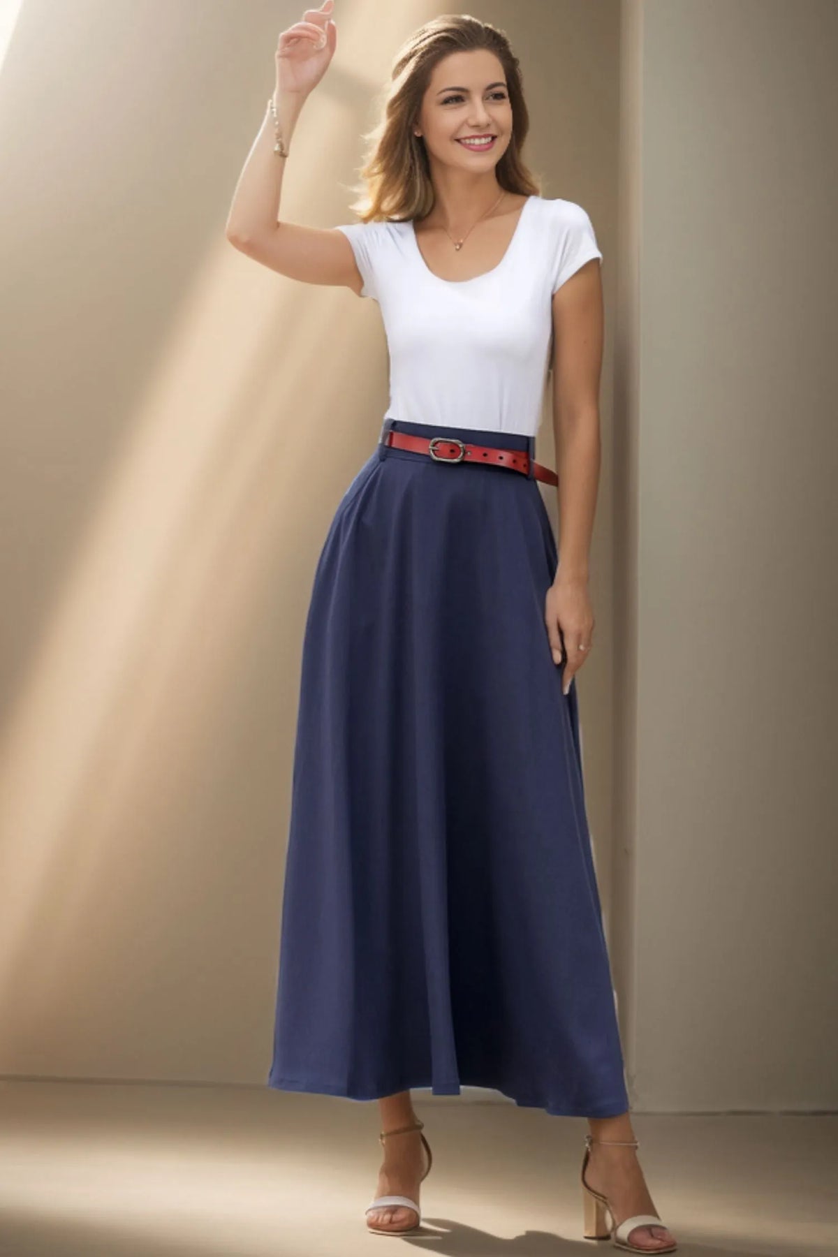 Navy Blue Linen Blend Maxi Skirt - High Waist A-Line with Pockets 5131