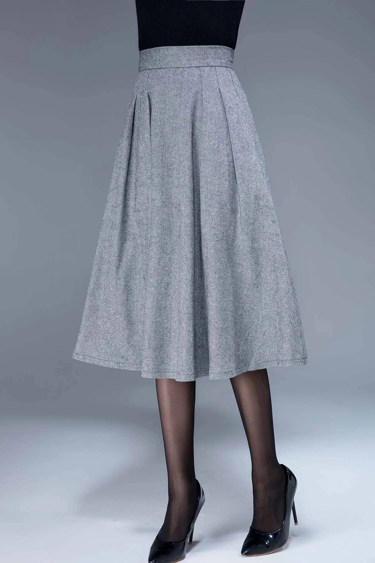 Gray Pleated Wool Midi Skirt – Handmade High Waist Winter Classic 