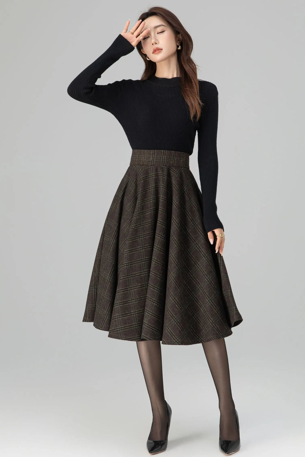 Brown Wool Midi Skirt - High-Waisted Wide Waistband Circle Silhouette 6396