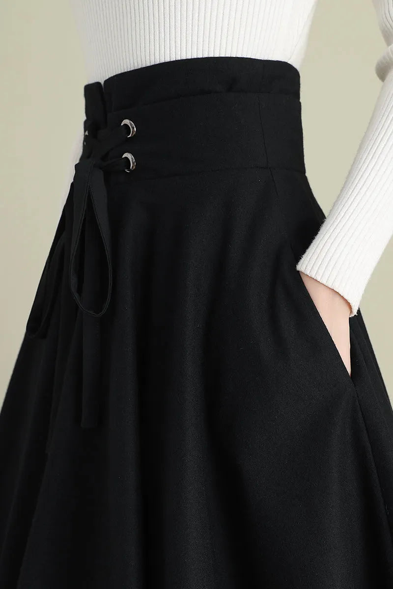 Black Wool Midi Skirt - High Waist Circle Swing 