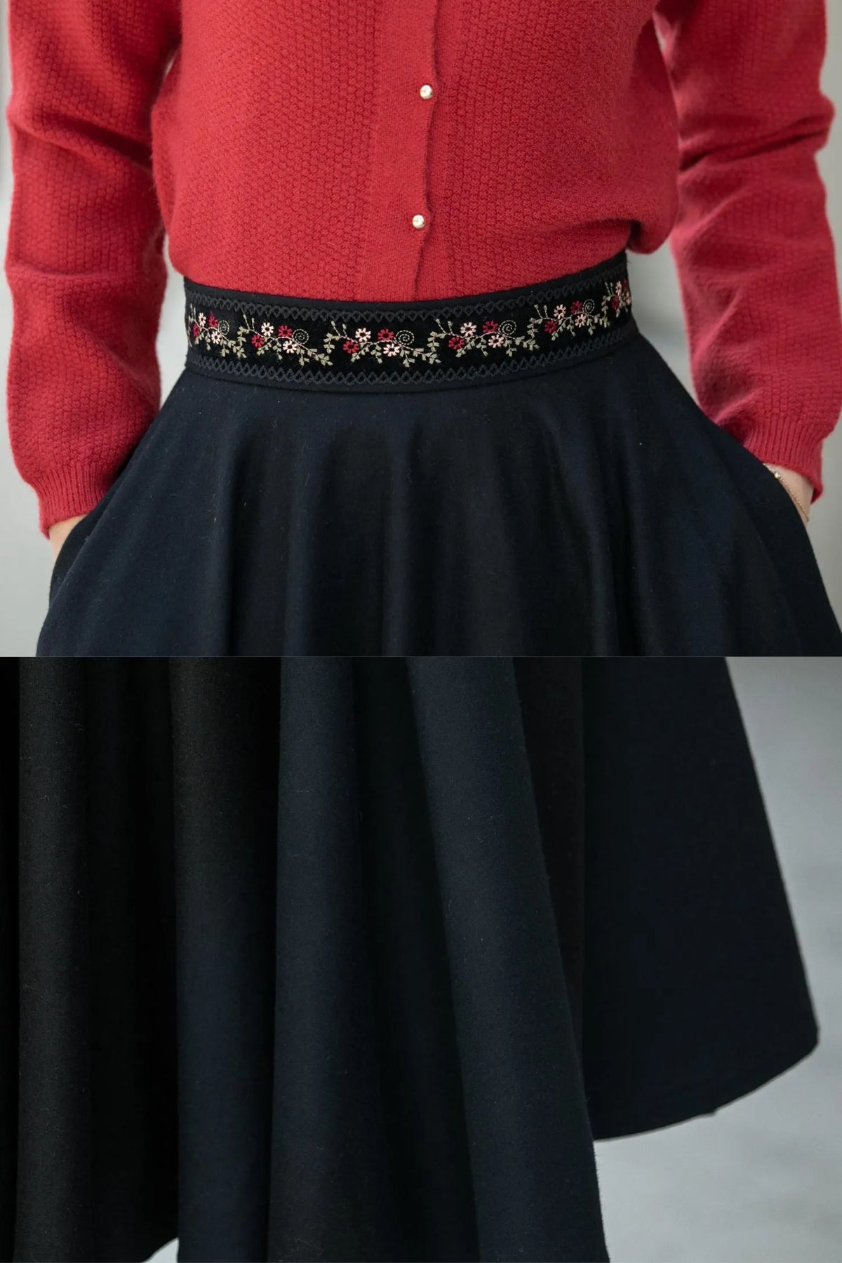 Black Wool Midi Skirt - Embroidered Waist A-Line Circle Skirt 5310