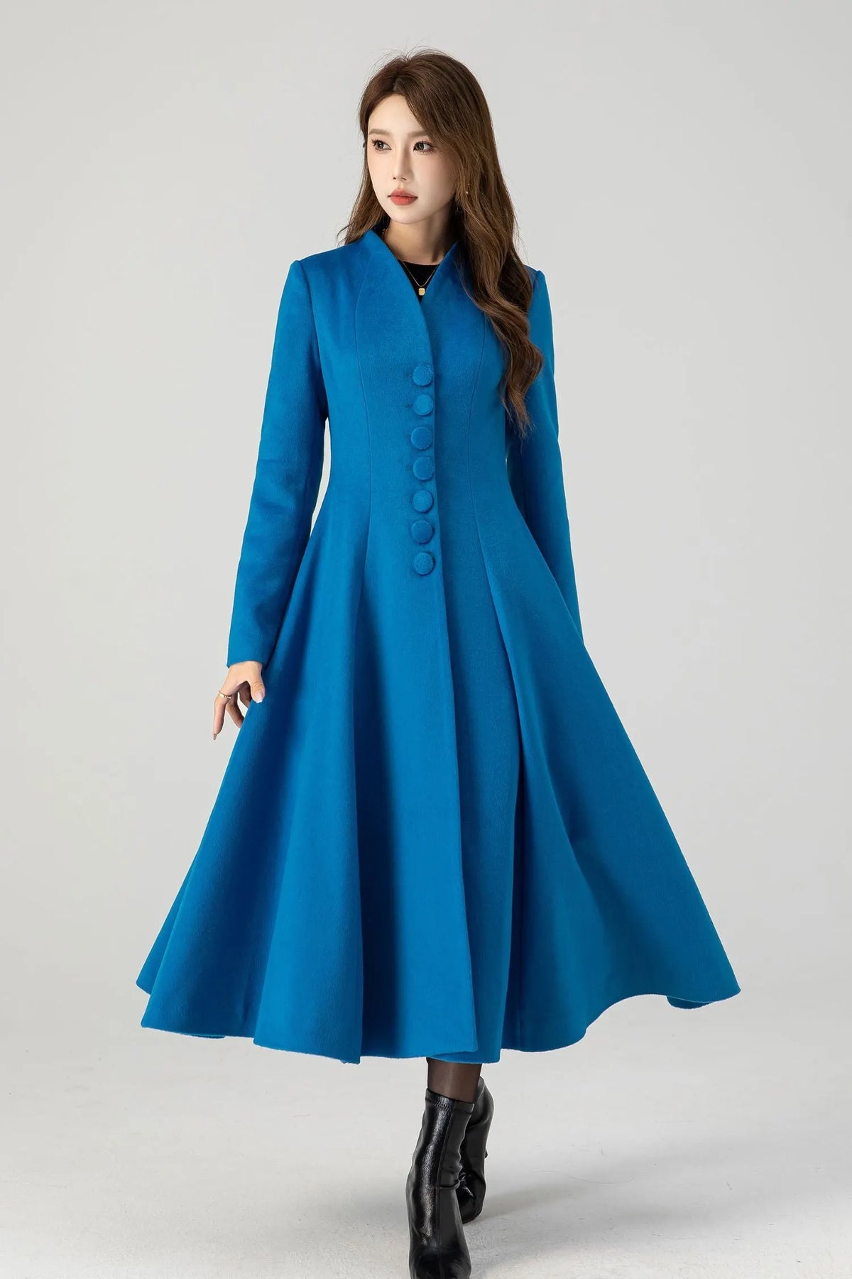 Blue Wool Swing Midi Coat - Double-Breasted Elegant Fit 4602