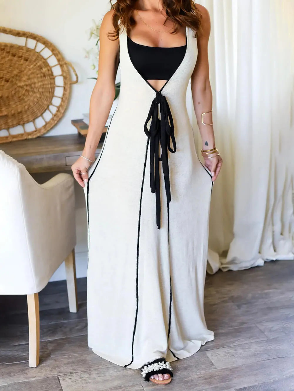 Contrast Color Self-Tie Charming Flowy Oversized Maxi Dress