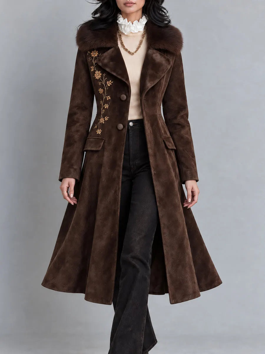 Vintage Bohemian Faux-Suede Floral-Embroidered Duster Coat