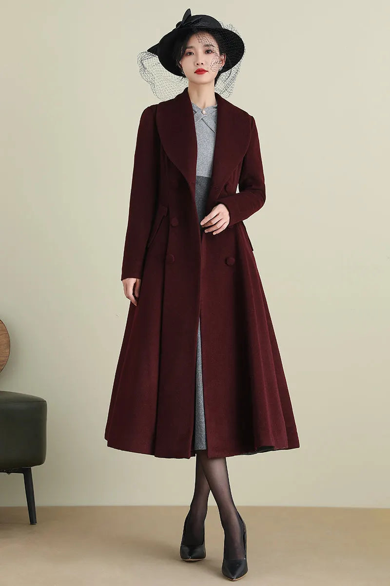 Elegant Wool Blend Coat – Double Breasted A-Line Long Overcoat 