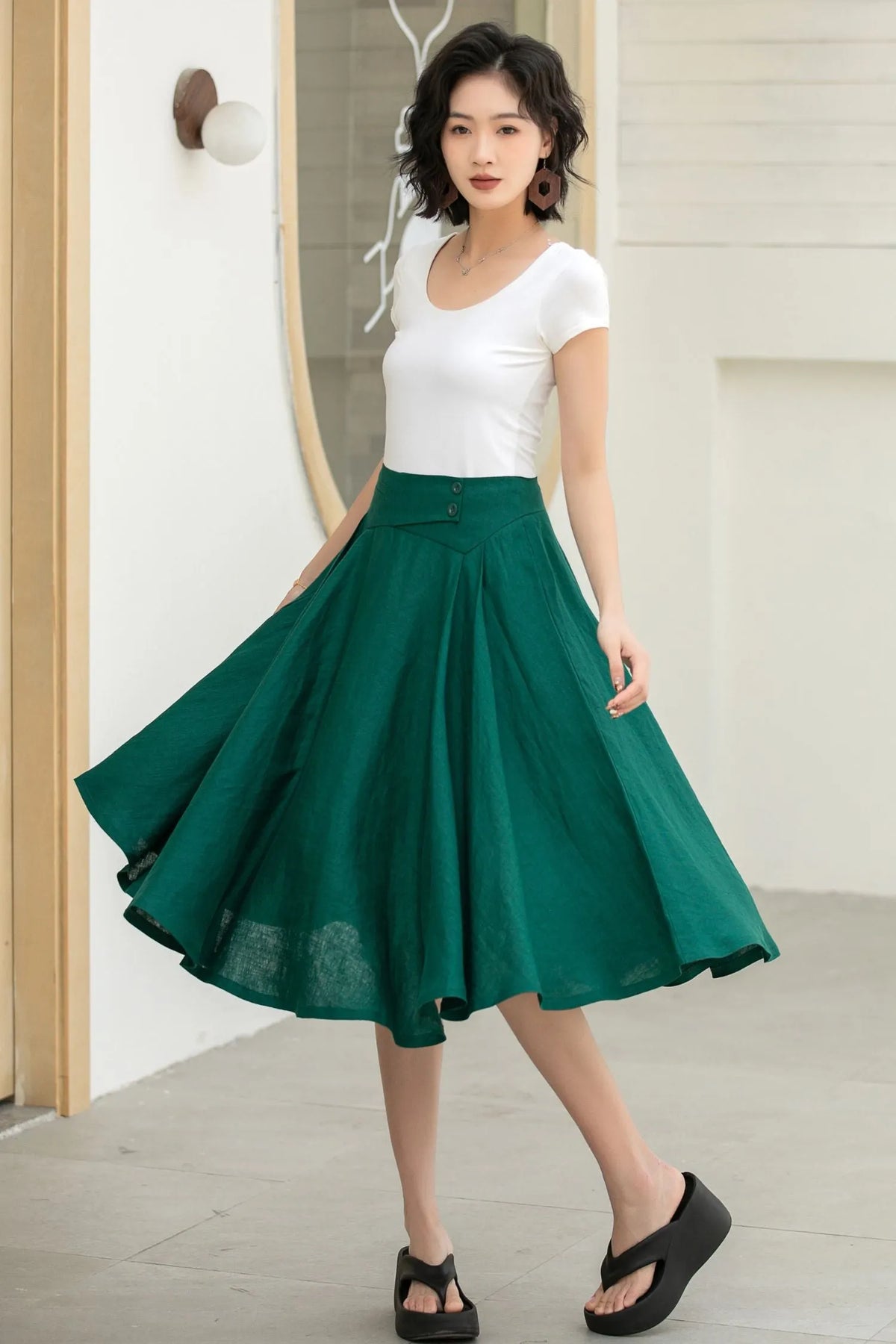 Dark Green Linen Midi Skirt - High-Waisted A-Line Flare 5834